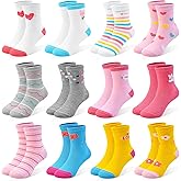 SPTRAMLE 12 Pairs Girls Socks for Kids Crew Socks Cotton Cartoon Novelty Crazy for Toddler 1-7 Years Old