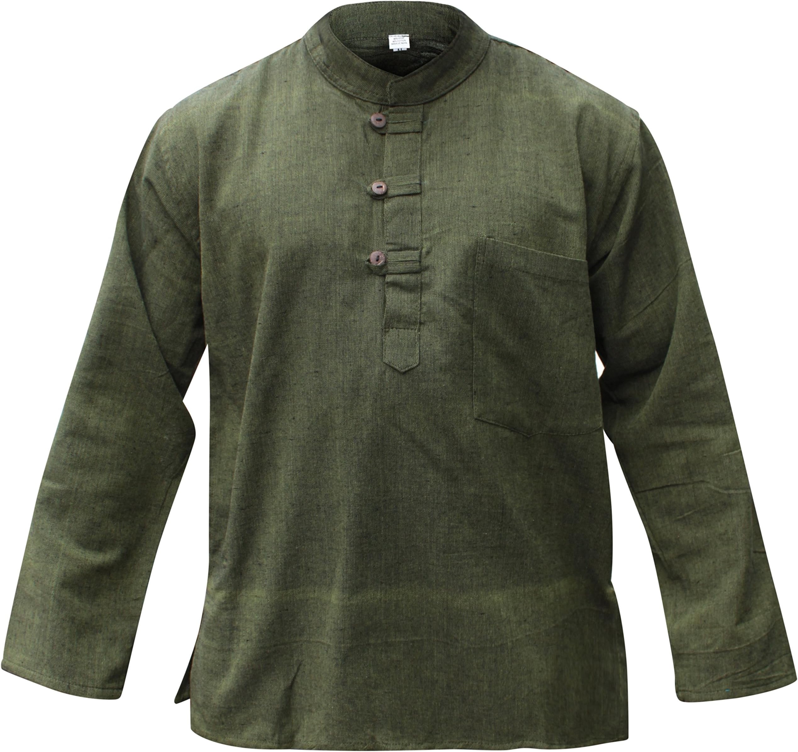 SHOPOHOLIC FASHIONPlain Hemp Fabric Band Collar Hippy Grandad Shirts for Men