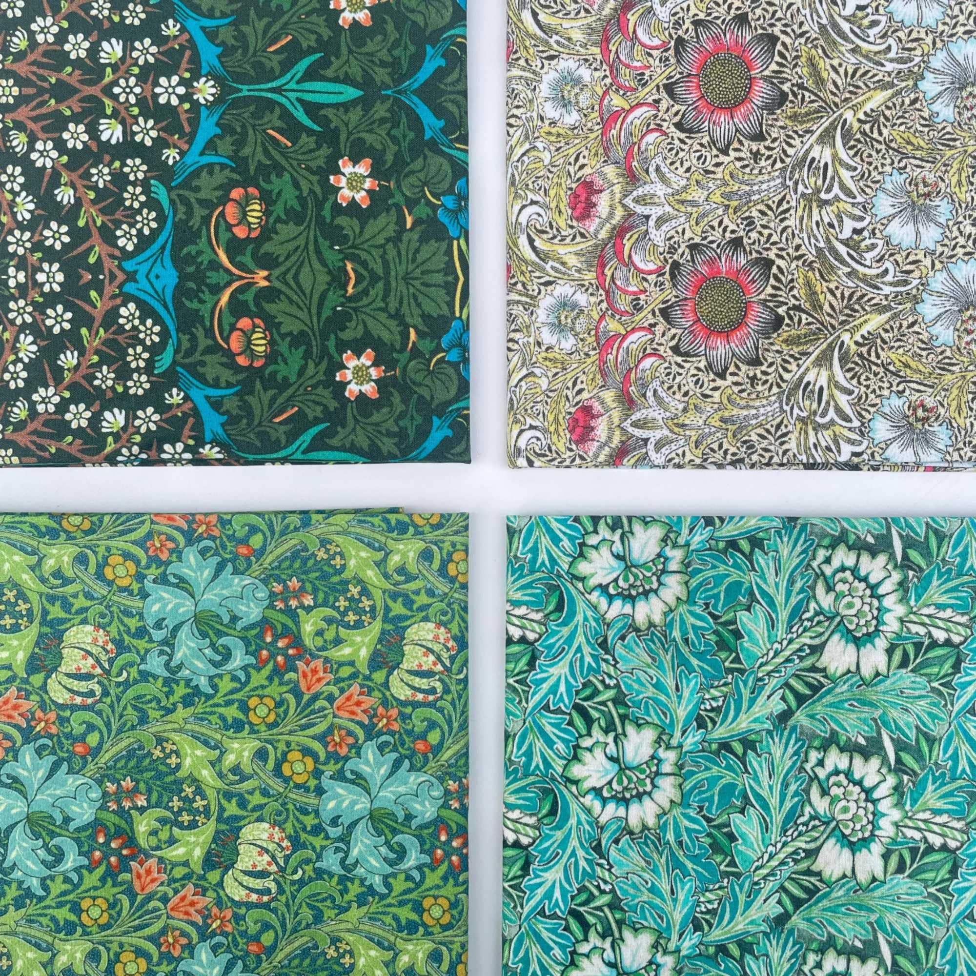 William Morris 100% Cotton Percale 4 Pack Designer Fat Quarter Bundle FQ Fabric Packs Quilting Patchwork Craft Sewing Material | 19" x 20" (50cm x 52cm) (Bundle 3)