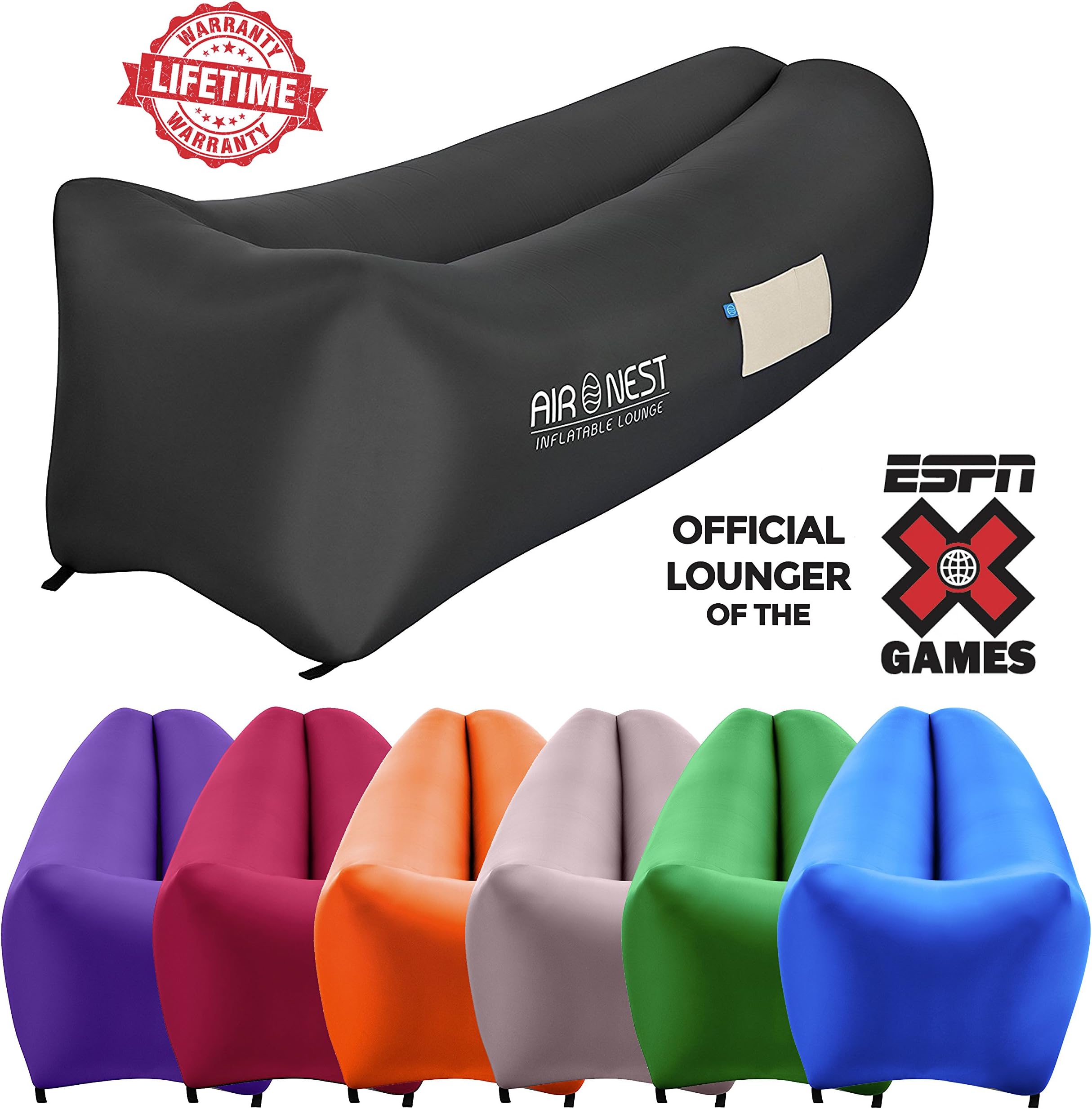 Air Nest Inflatable Hammock Lounge Bag Air Sofa Ships in USA Fast! Perfect for Indoor or Outdoor Hangout or Inflatable Lounger for Camping Picnics & Music Festivals (Black Hawk)
