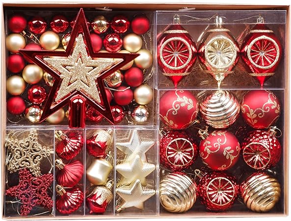 Valery Madelyn 70pcs Boules De Noël Ornements 3 6cm Décoration De Boules De Noël Incassables En Plastique Rouge Et Or Cadeaux De Pendentifs De Sapin