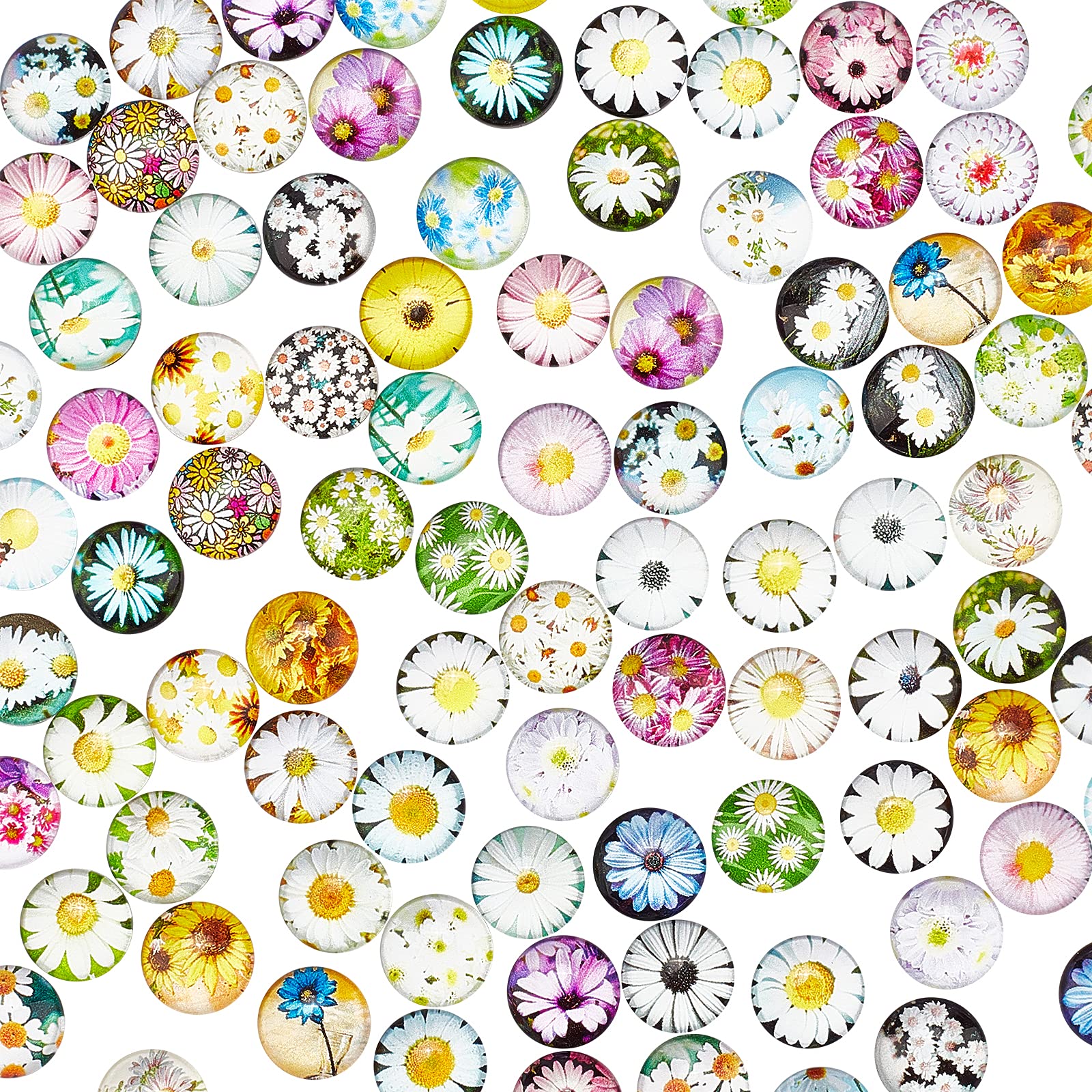 PH PandaHall 100pcs Flower Glass Cabochons Daisy Half Round Cabochons Plants Printed Glass Dome Cabochon Flat Back Cabochons for Wedding Photo Pendant Jewellery Making, 12mm