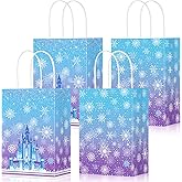 Gretion 16PCS Snowflake Gift Bags, Winter Snowflake Paper Goodie Bags with Handles,Blue Purple Resuable Castle Party Favor Candy Treat Bags for Christmas New Year Birthday Decoration Party Supplies