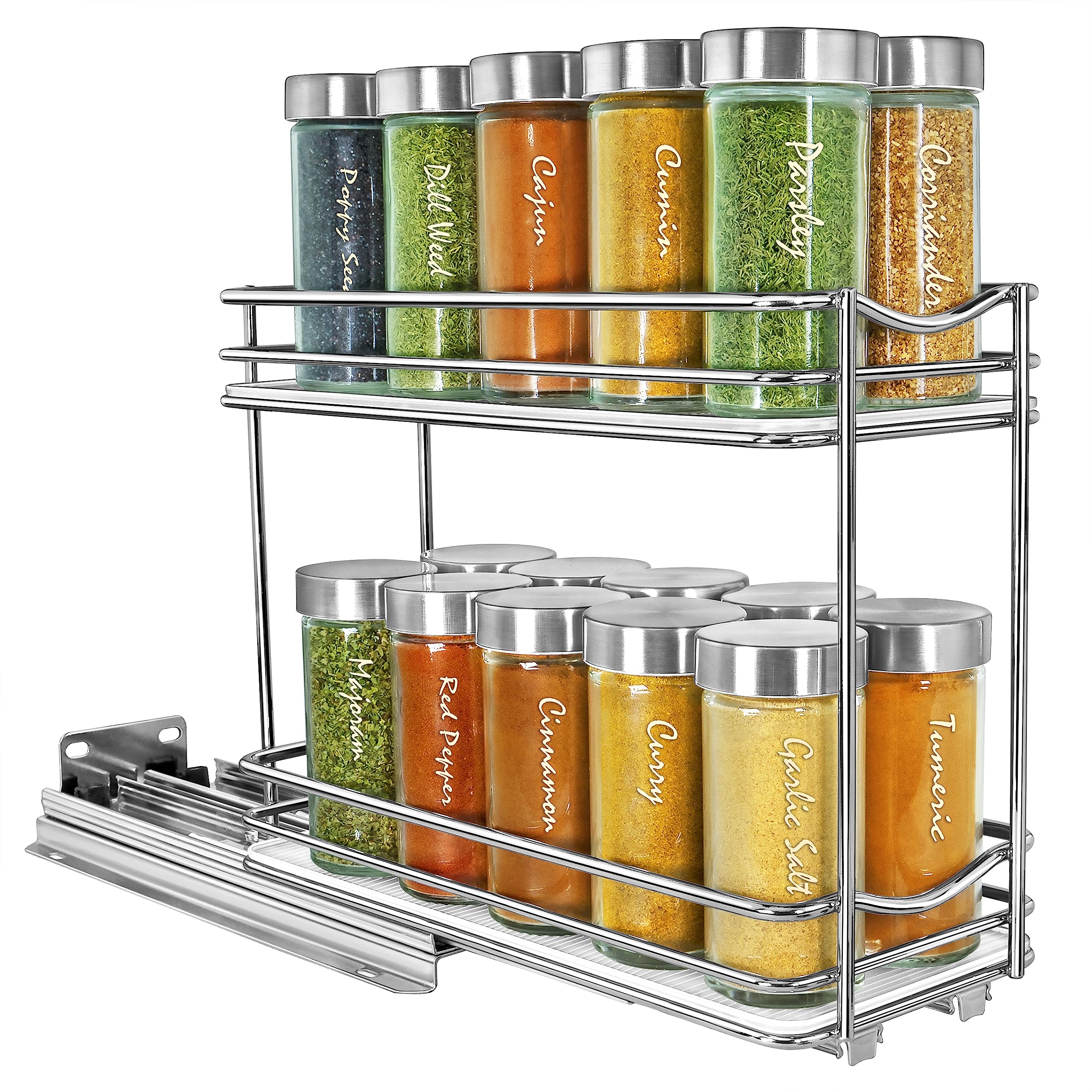 LYNK PROFESSIONAL® Pull Out Spice Rack Organizer for Inside Kitchen Cabinets - 4-3/8 inch Wide - Slide Out Drawer – Chrome Sliding Spice Cabinet Organization Shelf Racks - 2 Tier