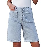 luvamia Bermuda Shorts for Women Jean High Waisted Trendy Patch Pockets Casual Summer Button Fly Stretchy Denim Shorts