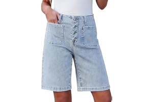 luvamia Bermuda Shorts for Women Jean High Waisted Trendy Patch Pockets Casual Summer Button Fly Stretchy Denim Shorts