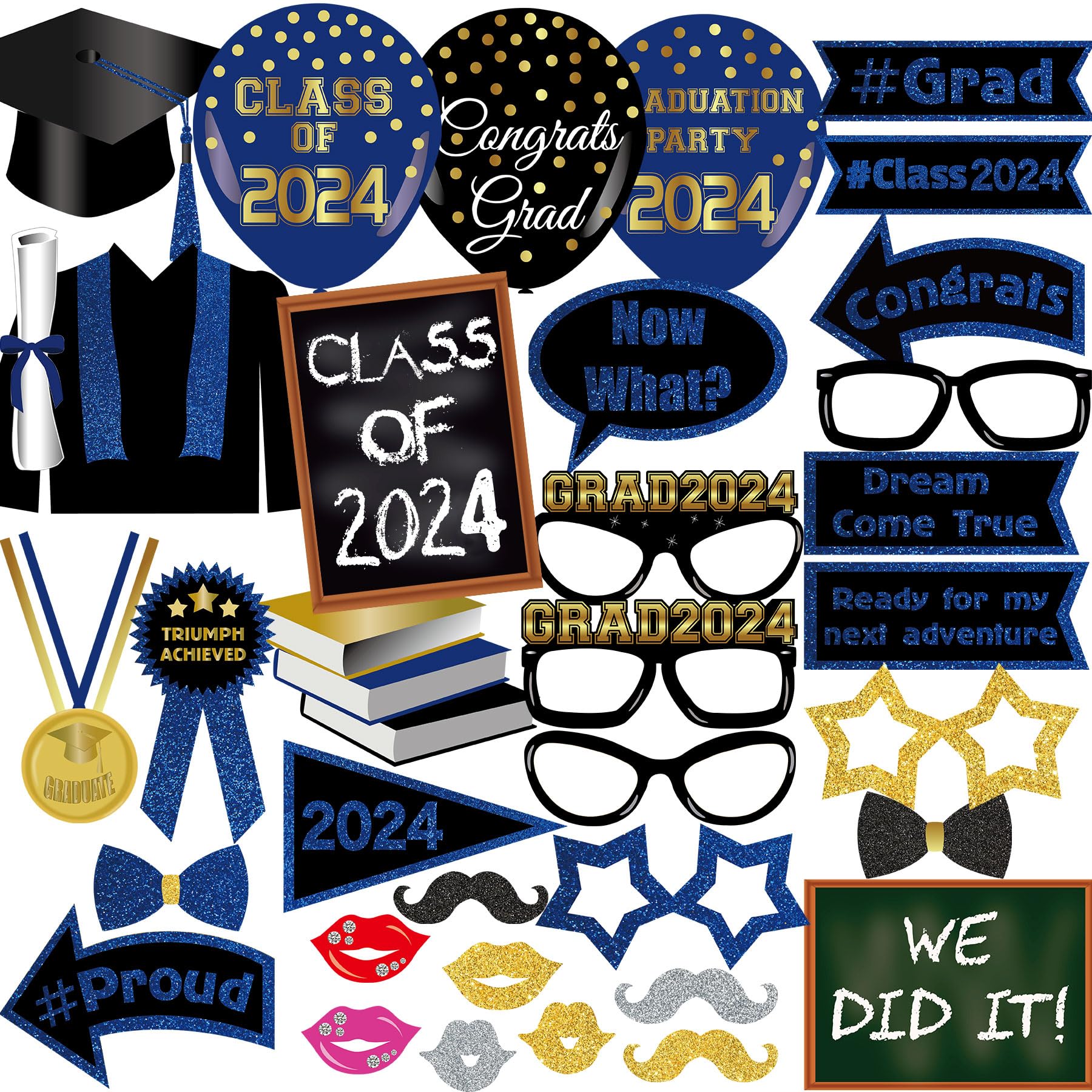 2025 Graduation Photo Booth Props - 25pc Black & Gold Selfie Props For Grad Party Decorations