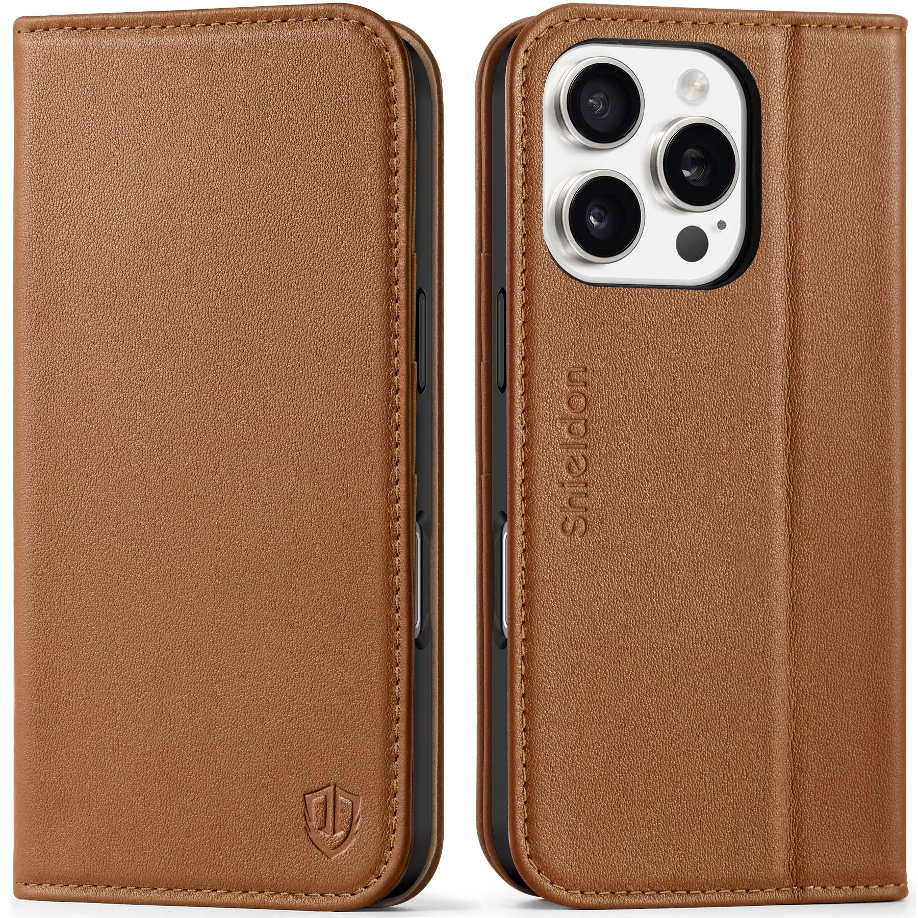 Photo 1 of SHIELDON Wallet Case for iPhone 16 Pro 6.3", Genuine Leather Folio Magnetic Closure Kickstand RFID Blocking Card Holder Full Protection Cover Compatible with iPhone 16 Pro - Nappa Saddle Brown
