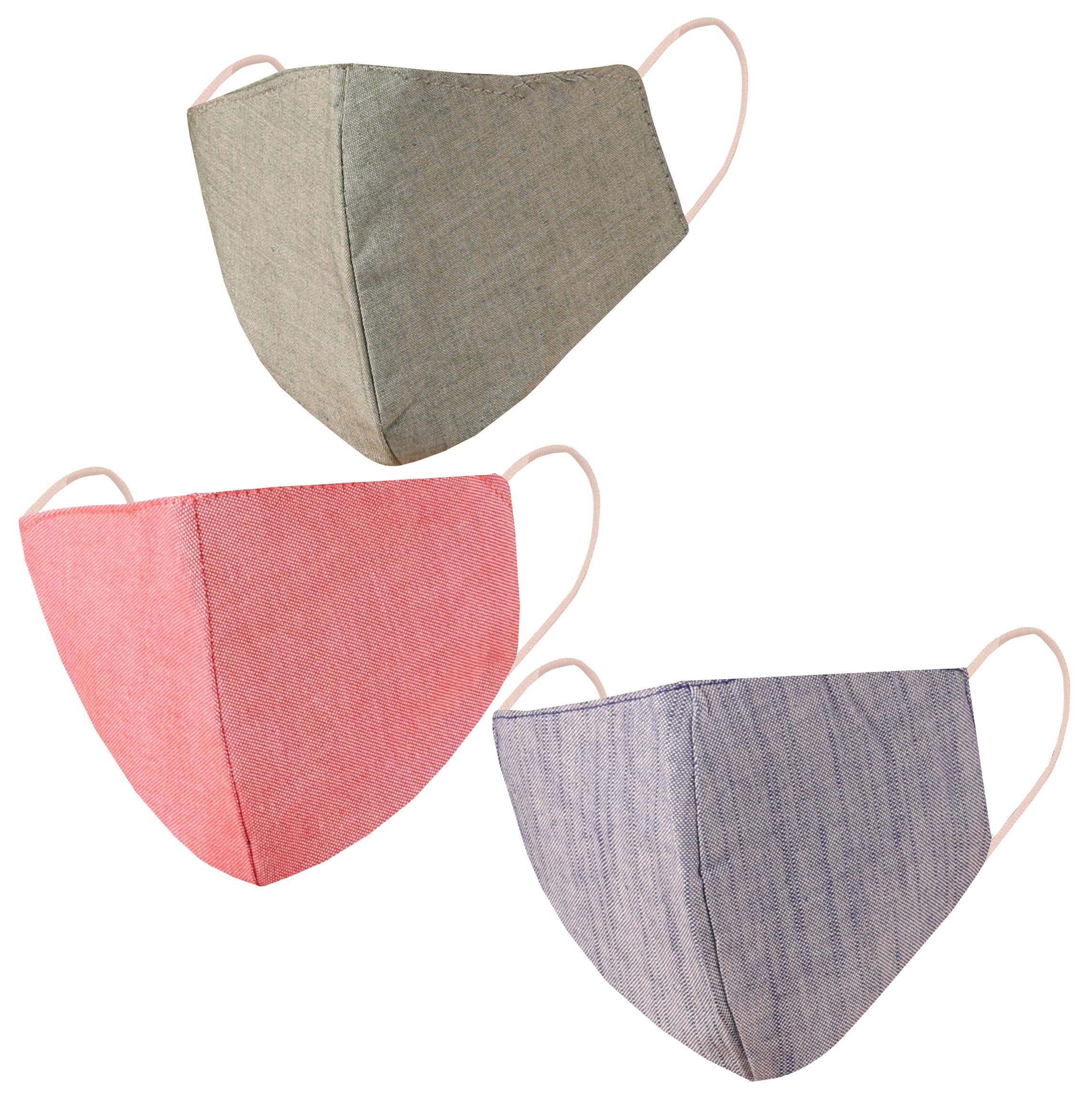 Touchstone denim look double layer cotton face mask Reusable Machine Washable for men, women. (Pack of 3). Blue Pink Green