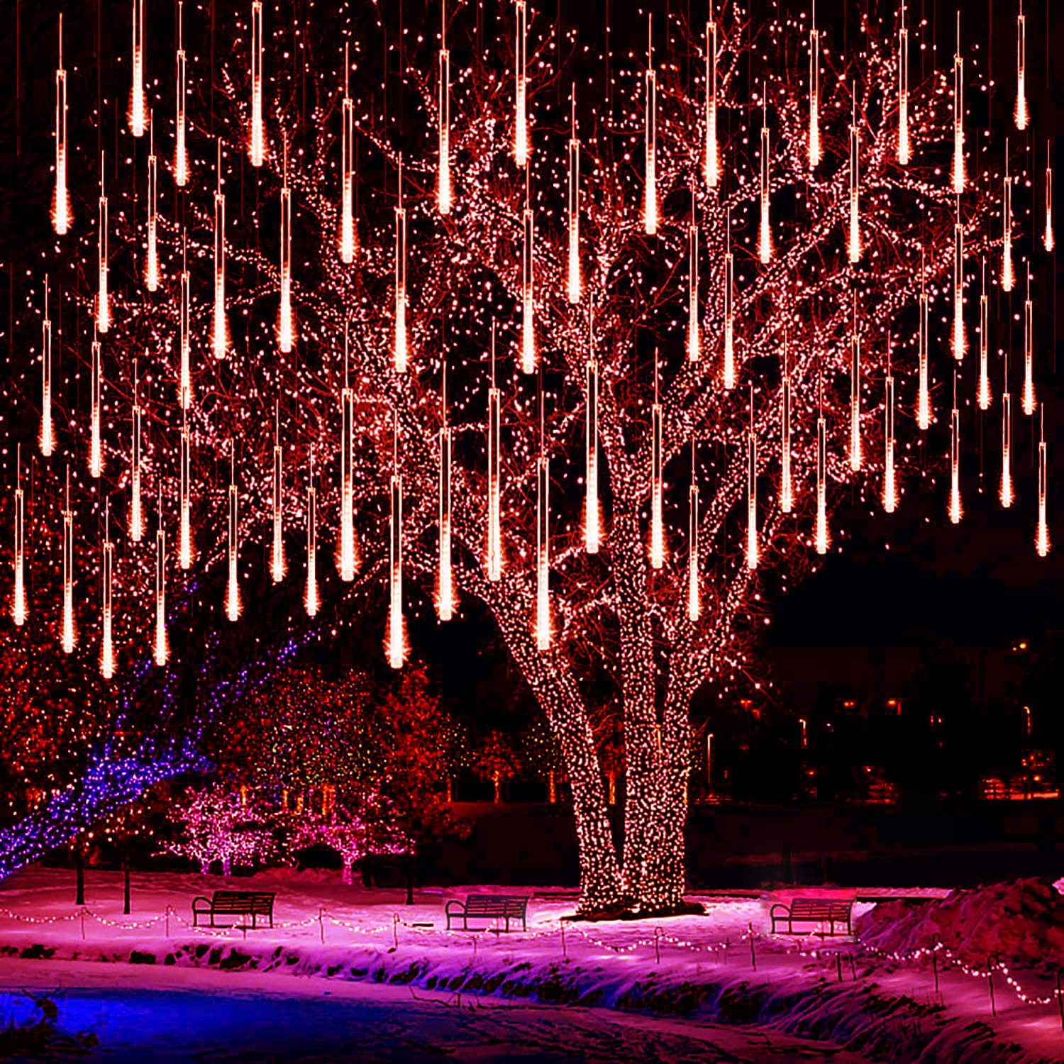 KINGCOO LED Meteor Shower Solar Lights Garden, Waterproof 30cm 10 Tubes 360LED Falling Raindrop Cascading Icicle Decorative String Lights for Holiday Party Wedding Christmas Tree Decoration (Red)