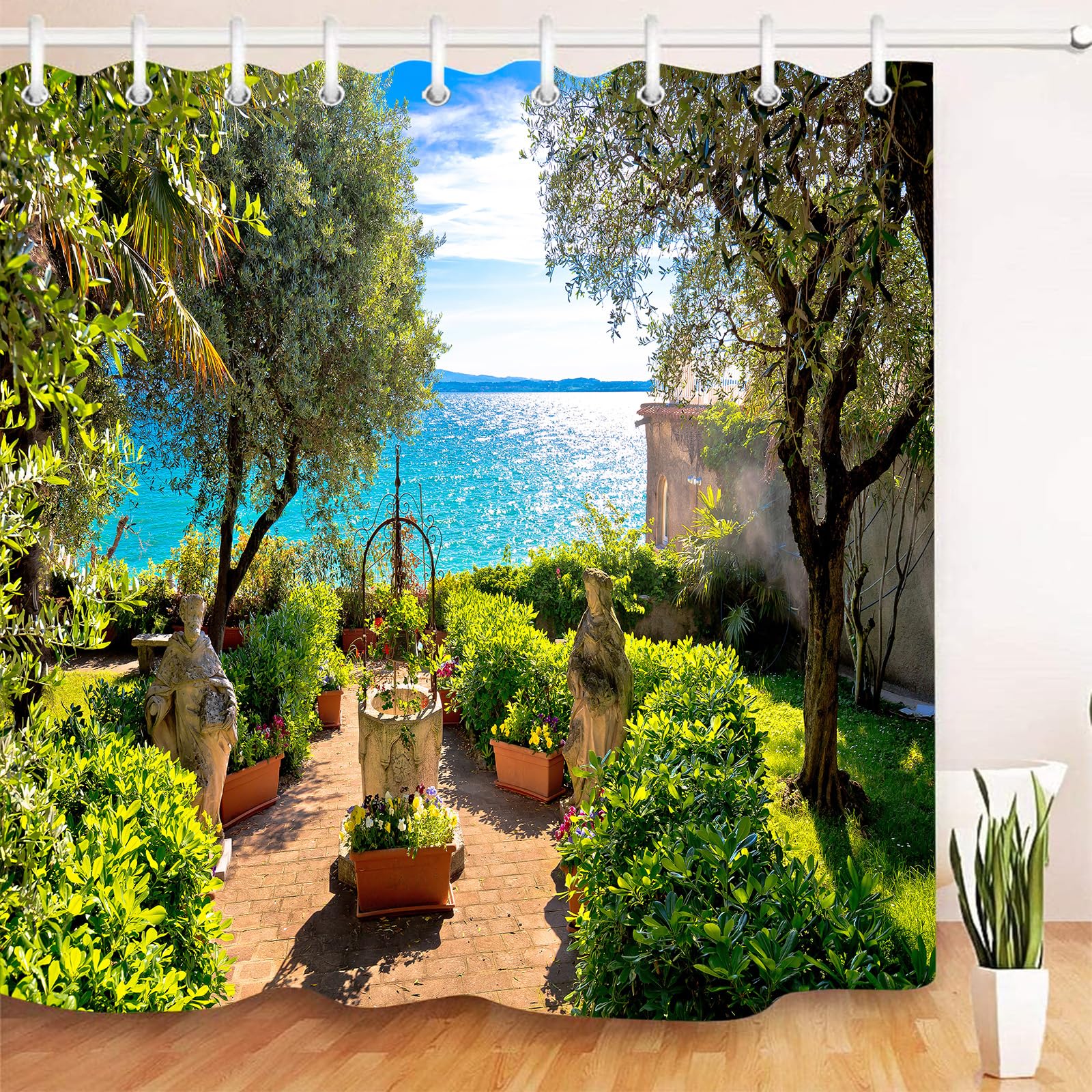 Sunny seaside garden with beautiful scenery Bathroom decoration, 3D HD, polyester waterproof shower curtain, 12 hooks, 180X180cm, bathroom essential