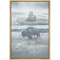 SIGNWIN Framed Canvas Wall Art Blue Wash Out Bison in The Grassland with Snow Nature Wilderness Photography Realism Modern Scenic Relax/Calm Duotone for Living Room, Bedroom, Office - 16