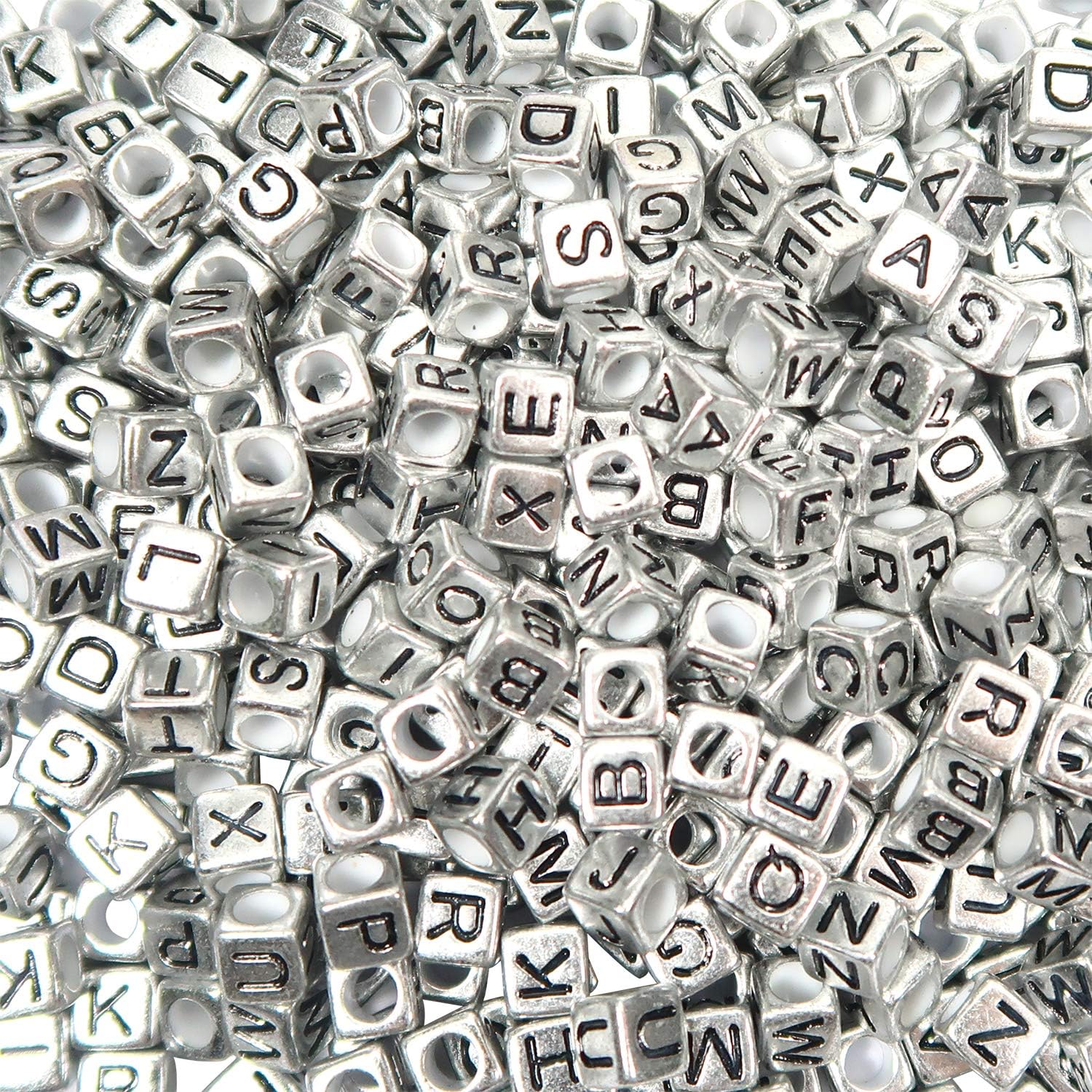 TOAOB 200pcs Cube Letter Beads Silver Tone Acrylic Alphabet 6mm Block Shape with Black Word for Necklace Bracelet Jewellery Making