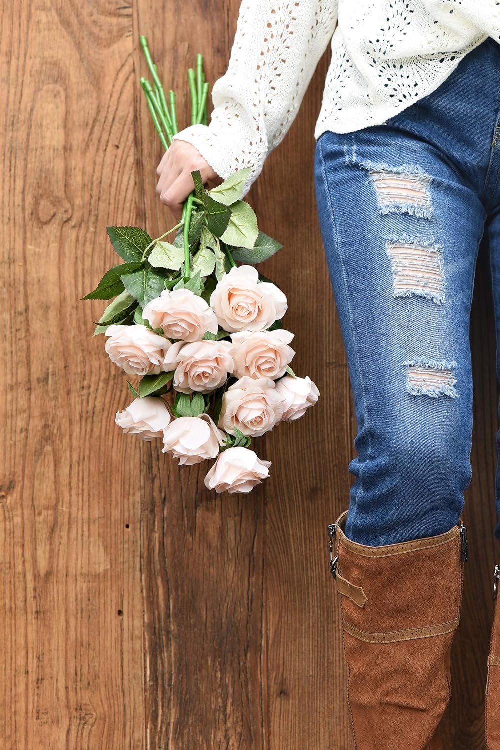 Buy Fiveseasonstuff Fake Roses Flowers Real Touch Silk Cream Pink Artificial Flowers 12 Stems Online At Low Prices In India Amazon In