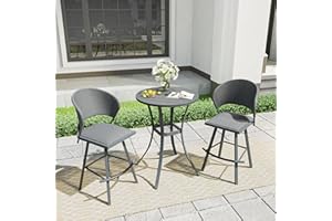 VICLLAX 3 Pieces Patio Bar Table and Chairs Set, 28" Wide Square Bar Height Table and 2 Swivel Rattan Bar Chairs, Patio Bar Stools Set for 2, Black Table and Grey Chairs