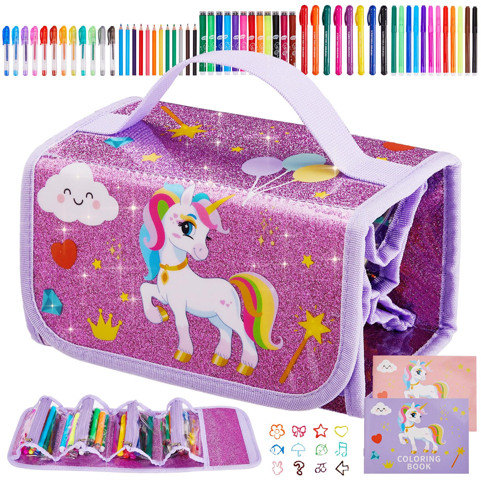 KINSPORY Unicorn Gifts for Girls Age 4 5 6 7 8 9 10, Girls Toys, Colouring Set, Unicorn Pencil Case with Scented Glitter Pens, Twistable Crayons & Fun Stamp Markers for Birthday Presents