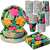 Jingmore 200 Pcs Tropical Nights Hawaiian Aloha Party Supplies Serve 50 Guests Luau Paper Plates Cups Napkins for Summer Beach Tableware Pool Party