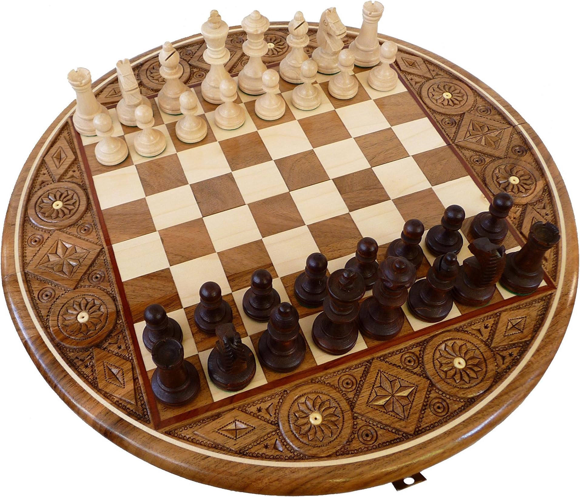 Limited Edition, Solid Oak Wood Inlaid Round Chess Set