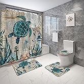 Planially 4Pcs Sea Turtle Shower Curtain Sets, Ocean Turtle Bathroom Sets with Shower Curtain and Rugs Durable Waterproof Curtains with 12 Hooks