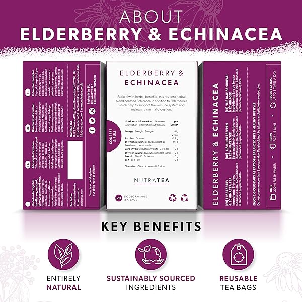 NUTRA TEA – ELDERBERRY & ECHINACEA TEA | ELDERBERRY TEA – IMMUNITY TEAS | IMMUNE TEABAGS – 20 INDIVIDUALLY WRAPPED BAGS – HERBAL TEAS – (1 PACK)