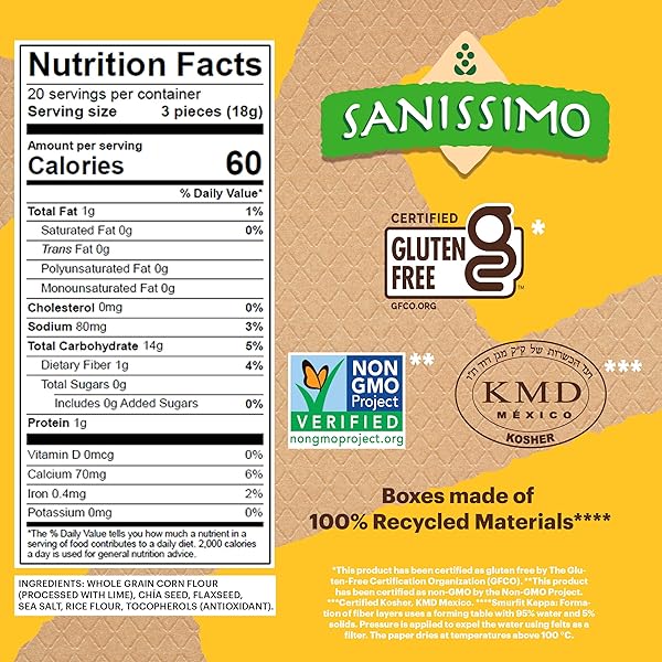 SANISSIMO SALMAS SALTED, 20 PACKS OF 3 CRACKERS, OVEN BAKED CORN CRACKERS, GLUTEN FREE, NON GMO, KOSHER CERTIFIED