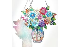 H&D HYALINE & DORA Flower Style Stained Glass Window Hanging Plant Stained Glass Window Panel with Vase Wall Art Home Decor for Women Birthday 8" W x 8.5" H