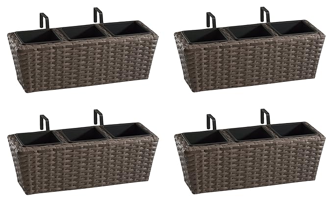GARTENFREUDE Balkonkasten Blumenkasten Polyrattan inkl. Aufhängung, 47 x 17 x 15 cm 4er-Set, cappuccino