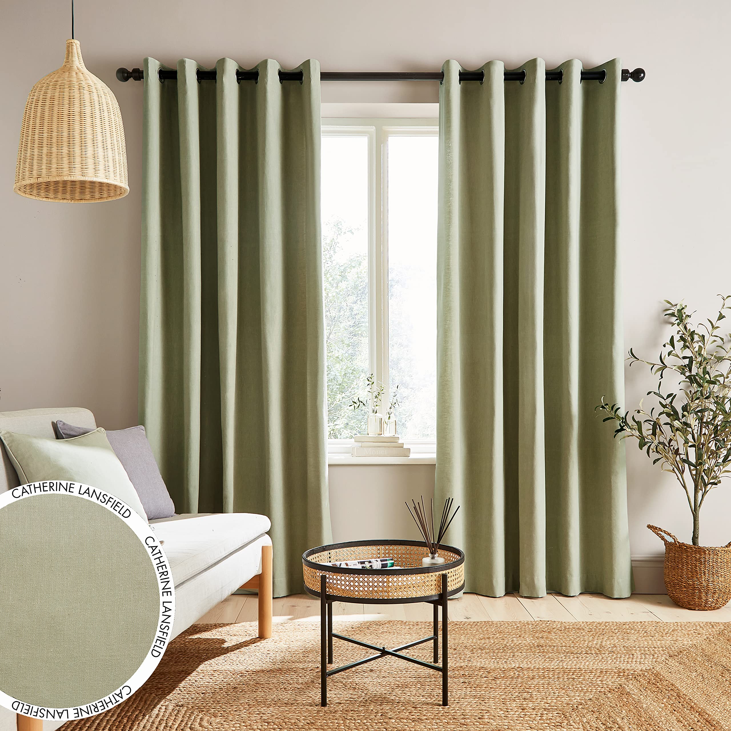 Catherine Lansfield Yarn Dyed Cotton Chambray 66x72 Inch Eyelet Curtains Two Panels Sage Green