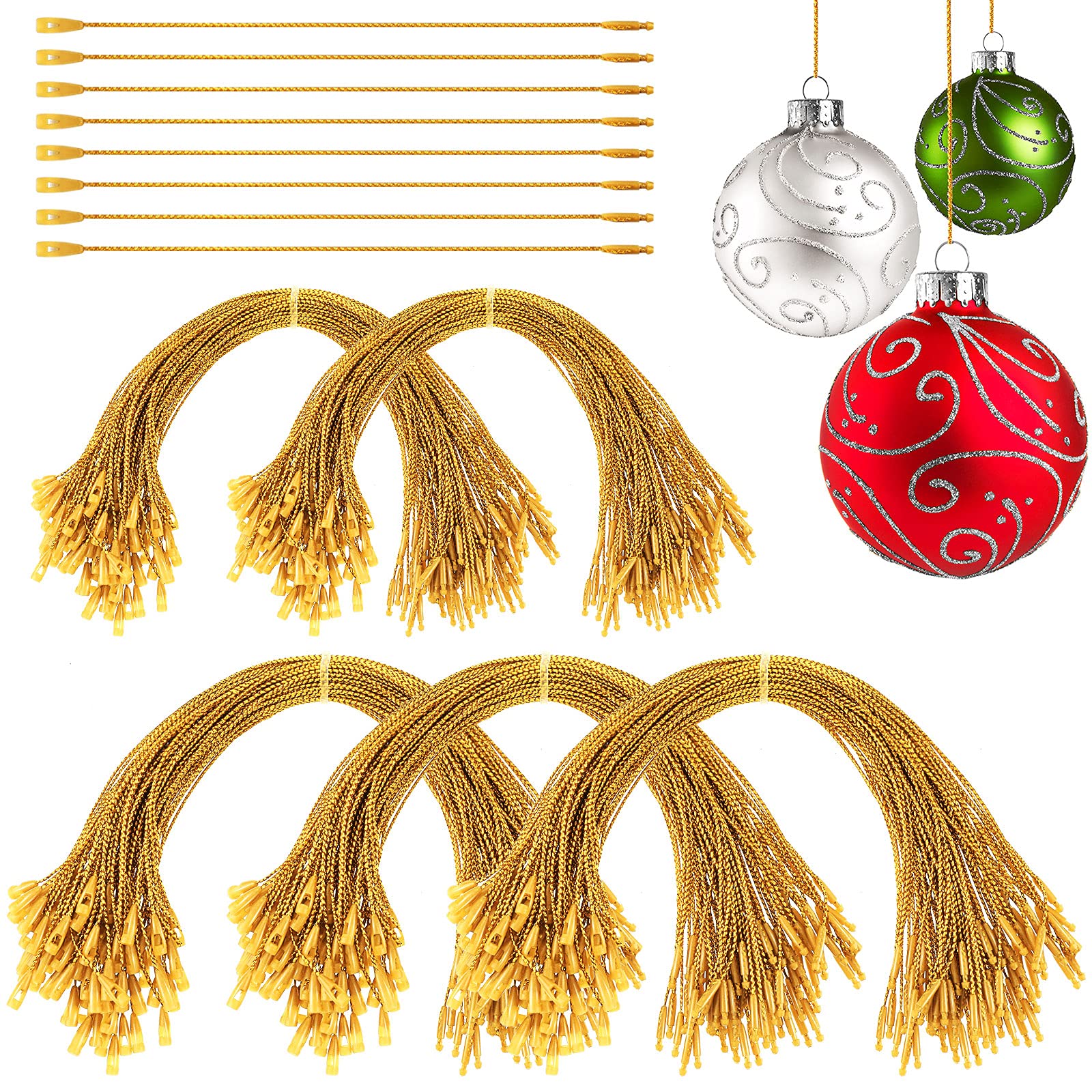 Nuanchu 500 Pieces Christmas Ornament Hangers Strings with Snap Fastener Ribbon Hooks for Christmas Trees Precut Locking Ornament Strings for Xmas Holiday Party Hanging Decorations(Gold)