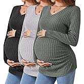 Ficerd 3 Pack Women's Maternity Shirts Ribbed Long Sleeve Pregnancy Tops V Neck Knit Side Ruched Pregnant Clothes Sweater
