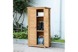 TAKUKA Outdoor Storage Cabinet with 3 Shelves, Wooden Garden Shed with Double Doors& Waterproof Roof, Outside Utility Tall Tool Organizer for Garden Farm Backyard