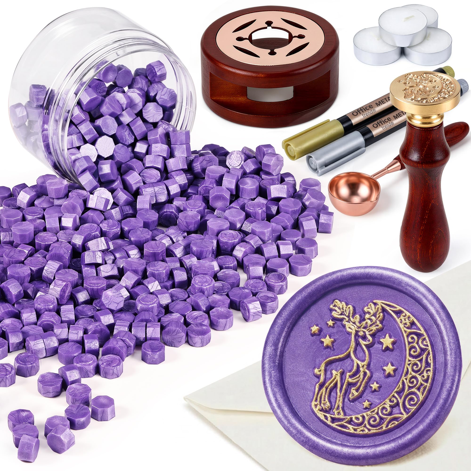 250 PCS Wax Seal Stamp Kit, WEWINK PLUS Purple Sealing Wax Beads with Deer Stamp, Warmer, Spoon, Tea Candles, Metallic Pen for Stamp Seals, Gifts, Invitations, Envelopes, Craft