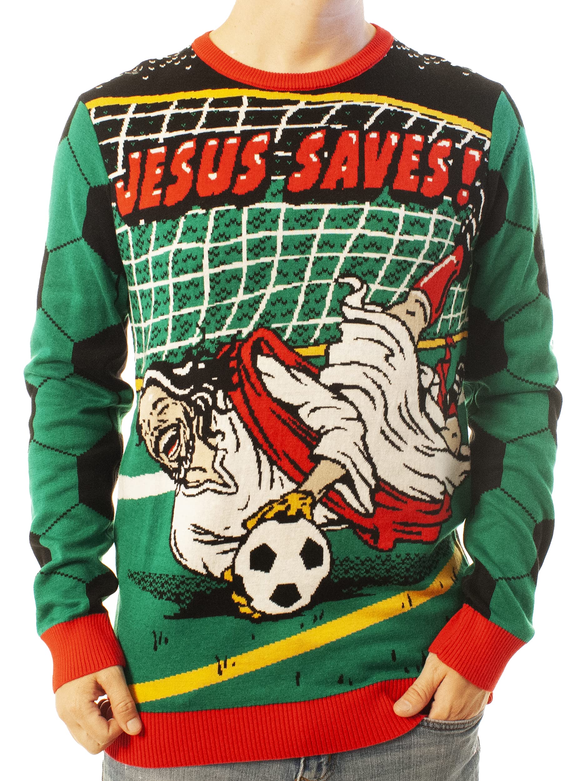 Ugly Christmas Party Unisex Ugly Christmas Sweater Jesus Saves!-Large Jesus Saves! Green Image