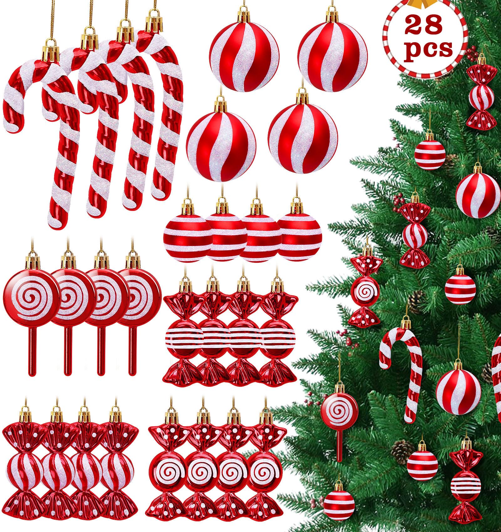 Photo 1 of **SHOWS SIGNS OF HEAVY USAGE (SCRATCHES)*** AWHETIE 28 Pcs Candy Cane Ornaments for Christmas Tree Decoraions,Candy Cane Christmas Decorations,Plastic Peppermint Ornaments for Tree Party Hanging Decor Holiday Red and White Decoration (Red)