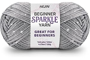 HEJIN 120g Silver Sparkle Yarn for Crocheting and Knitting; 120m(144yds) for Beginners with Easy-to-See Stitches; Worsted-Weight Medium #4; Yarn for Beginners Crochet Kit Making