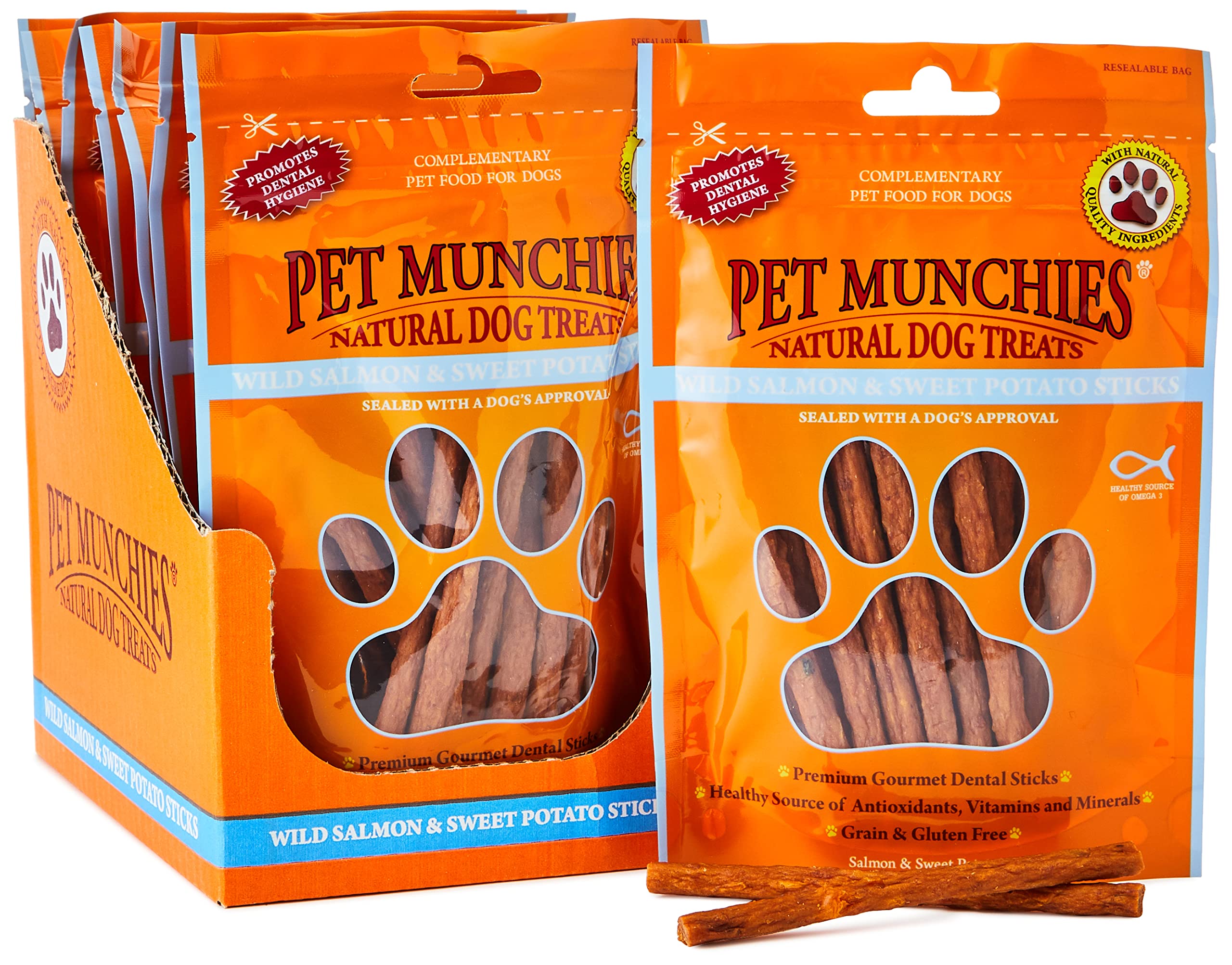 Pet Munchies Wild Salmon and Sweet Potato Dog Treats, Healthy Grain Free Dental Sticks with Natural Real Meat 90g (Pack of 8)