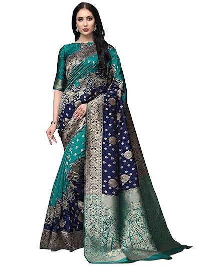 COTTON SHOPY Womens Kanchipuram Silk Blend Saree With Unstitched Blouse piece (Cott-908_Blue & Rama Green)