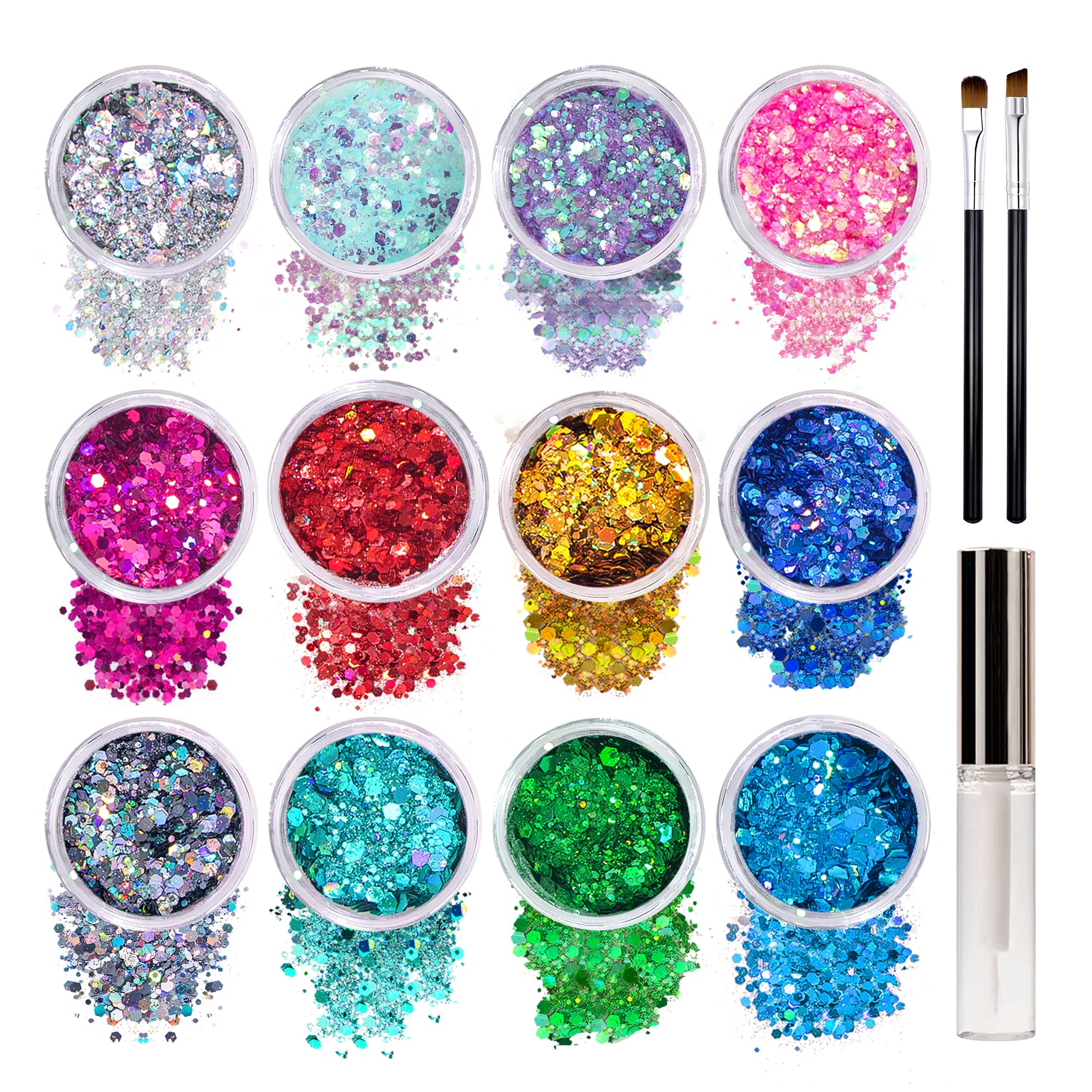 Face Glitter Makeup, Holographic Chunky Face Body Glitter, Glitter Eyeshadow Cosmetic Laser Powder for Face Hair Nails, Festival Body Glitter Makeup with Glue