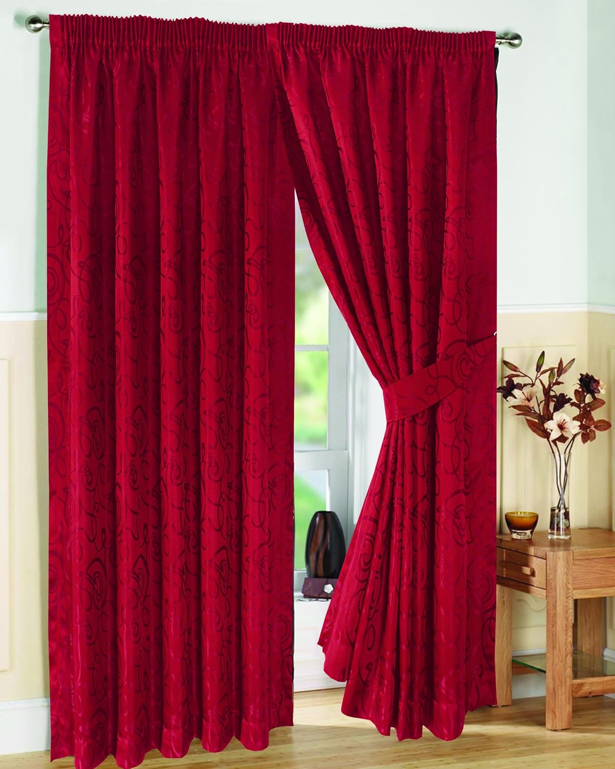 Pair Of Fully Lined Red 90 Width X Drop 72 Jacquard Swirl Design