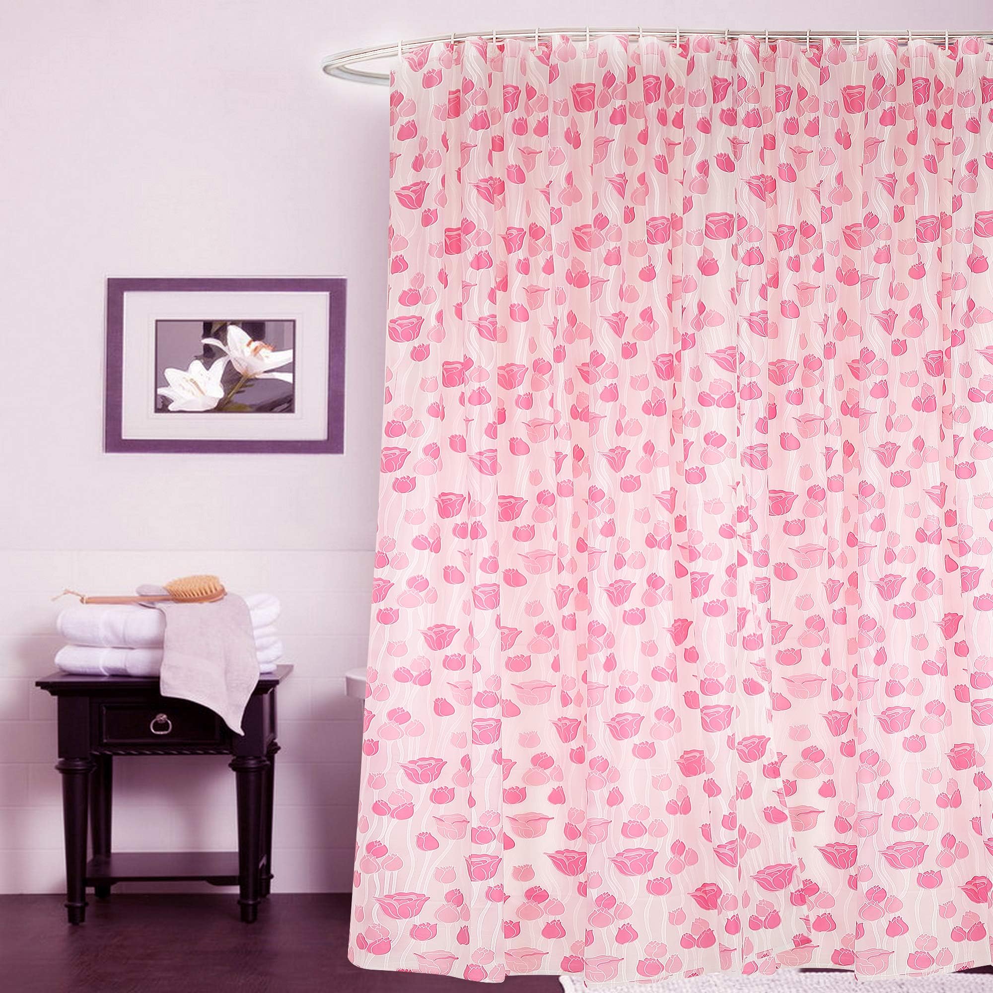 Clasiko PVC Floral, Solid Bathroom Curtain With 8 Hooks, 54x84 Inches, Pink