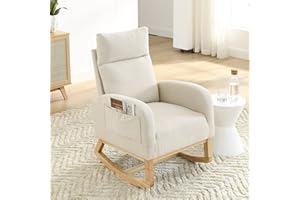 Krinana Nursery Rocking Chair with Solid Wood Legs, Glider Chair for Nursery with Two Side Pockets, Rocker Armchair for Living Room Bedroom (Beige, Linen Fabric)