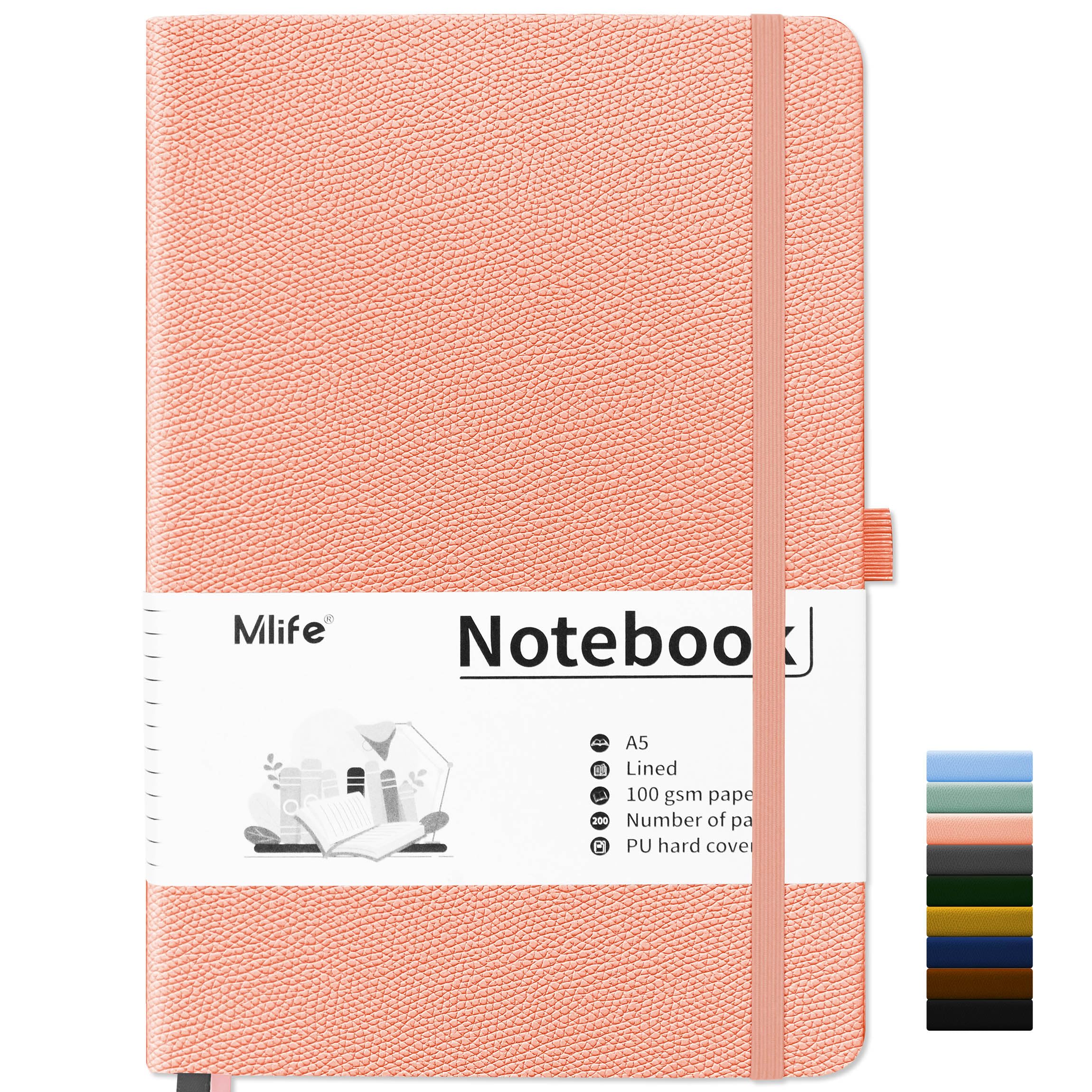 Mlife Notebook A5 Lined,Notebooks with 200 Pages,100 Gsm Thick Paper,Pu Hard Cover Notepad With Inside Pocket,Elastic Banded,Lined Journal for Office School Home Business Writing(Pink)