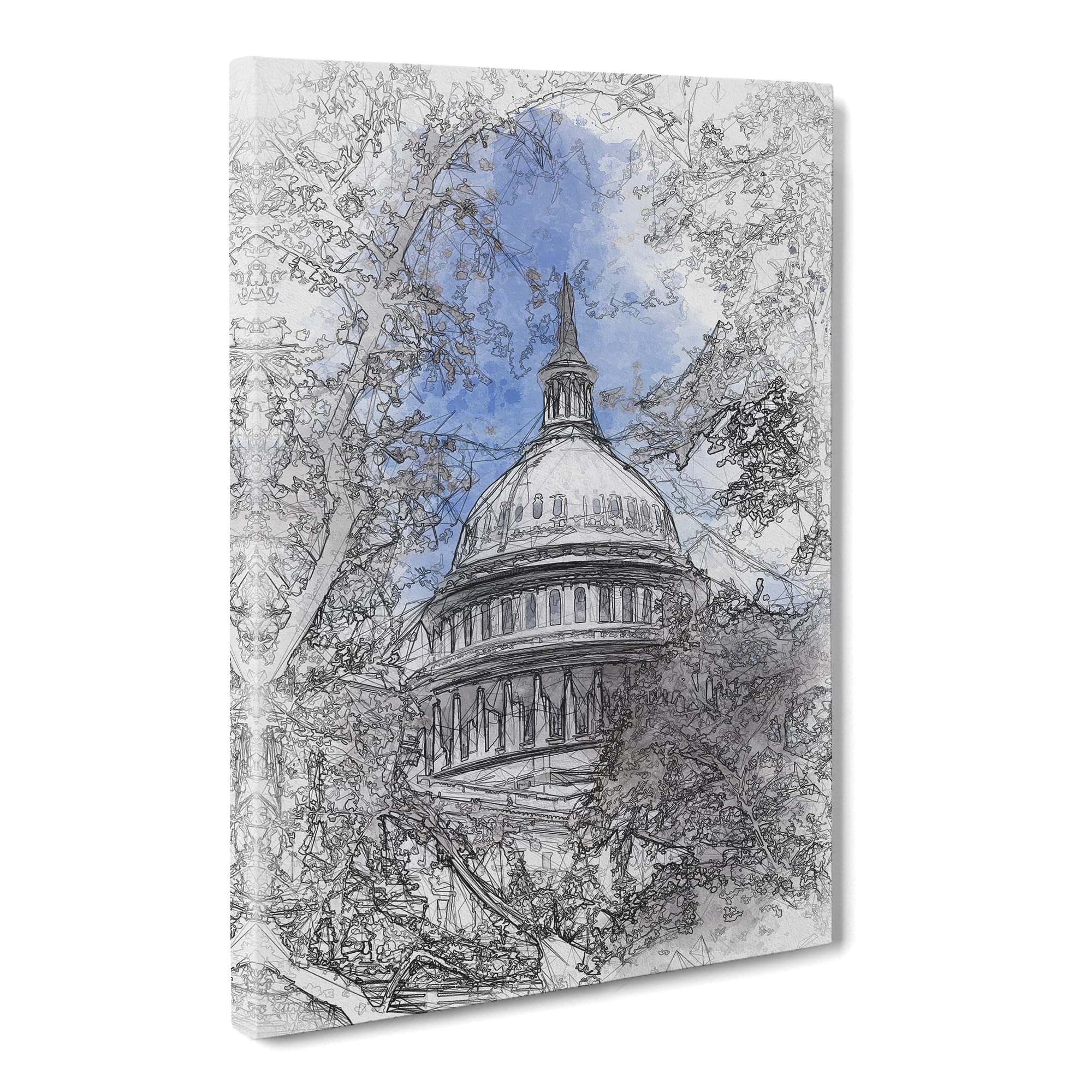 Capitol Hill & Cherry Blossom Tree Canvas Print | Gallery Wrapped 30mm Frame Wall Art | 20x14 inches | Ready to Hang | Modern Floral Picture | Living Room Bedroom Lounge Office
