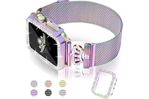 Newlibery Magnetic Band with Bling Case Women Compatible with Apple Watch 38mm 40mm 41mm 42mm 44mm 45mm Crown Stainless Steel Milanese Loop Protective Cover for iWatch Series 9/8/7/6/5/4/3/2/1/SE