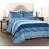Lush Decor Royal Empire Reversible Cotton Quilt Set, 3 Piece Set Full/ Queen, Navy - Striped Bedding Set - Floral Quilt Queen Size - Boho Decor