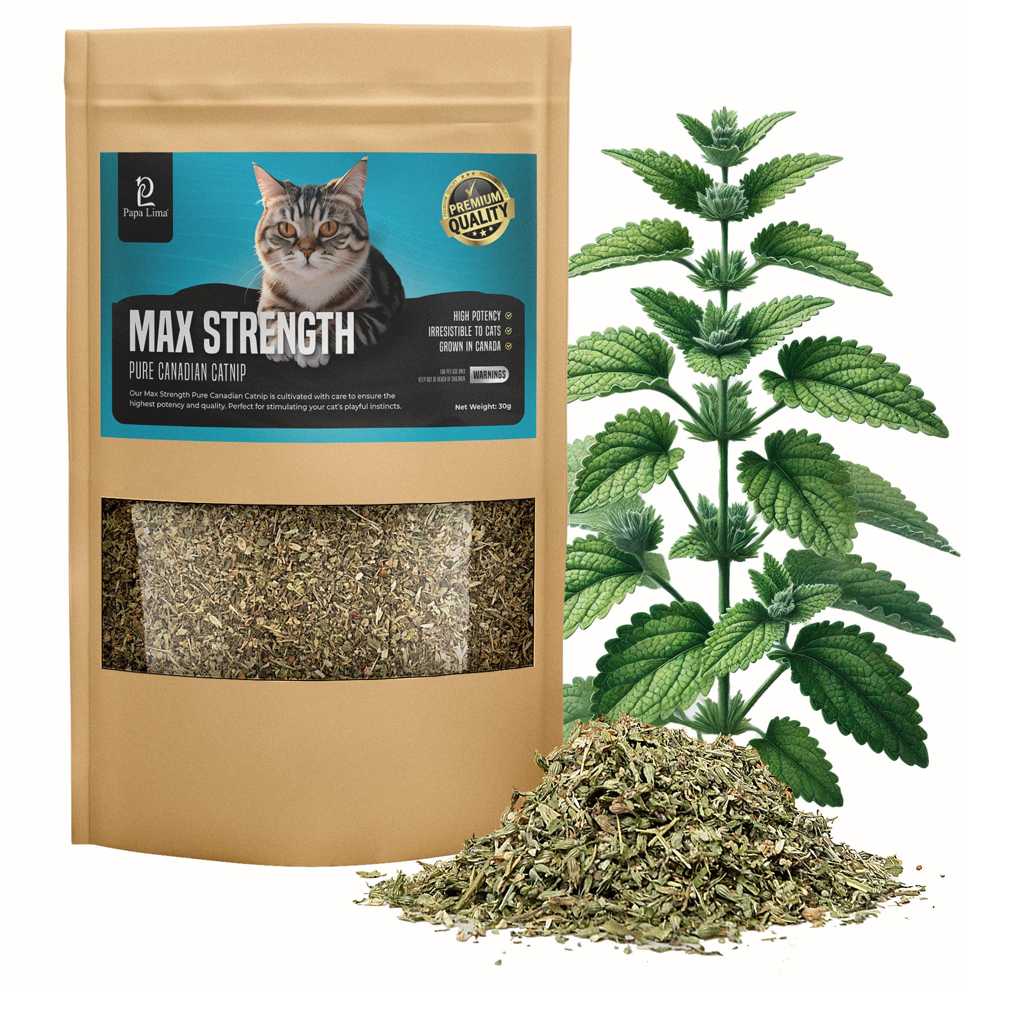 Papa Lima Premium Canadian Catnip – Natural, Strong, High Potency, Long-Lasting, Air Dried Leaf & Bud, Maximum Strength, Resealable Pouch for Freshness – Catnip for Cats and Kittens, 30g