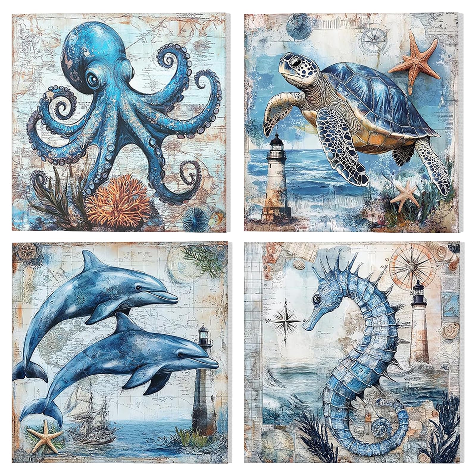 NAIMOER 4 Pack Summer Animals Paint by Numbers Kits for Adults with Frame, DIY Paint by Numbers for Beginners Marine Animals, Painting by Numbers on Canvas Gifts for Home Decor 20x20cm