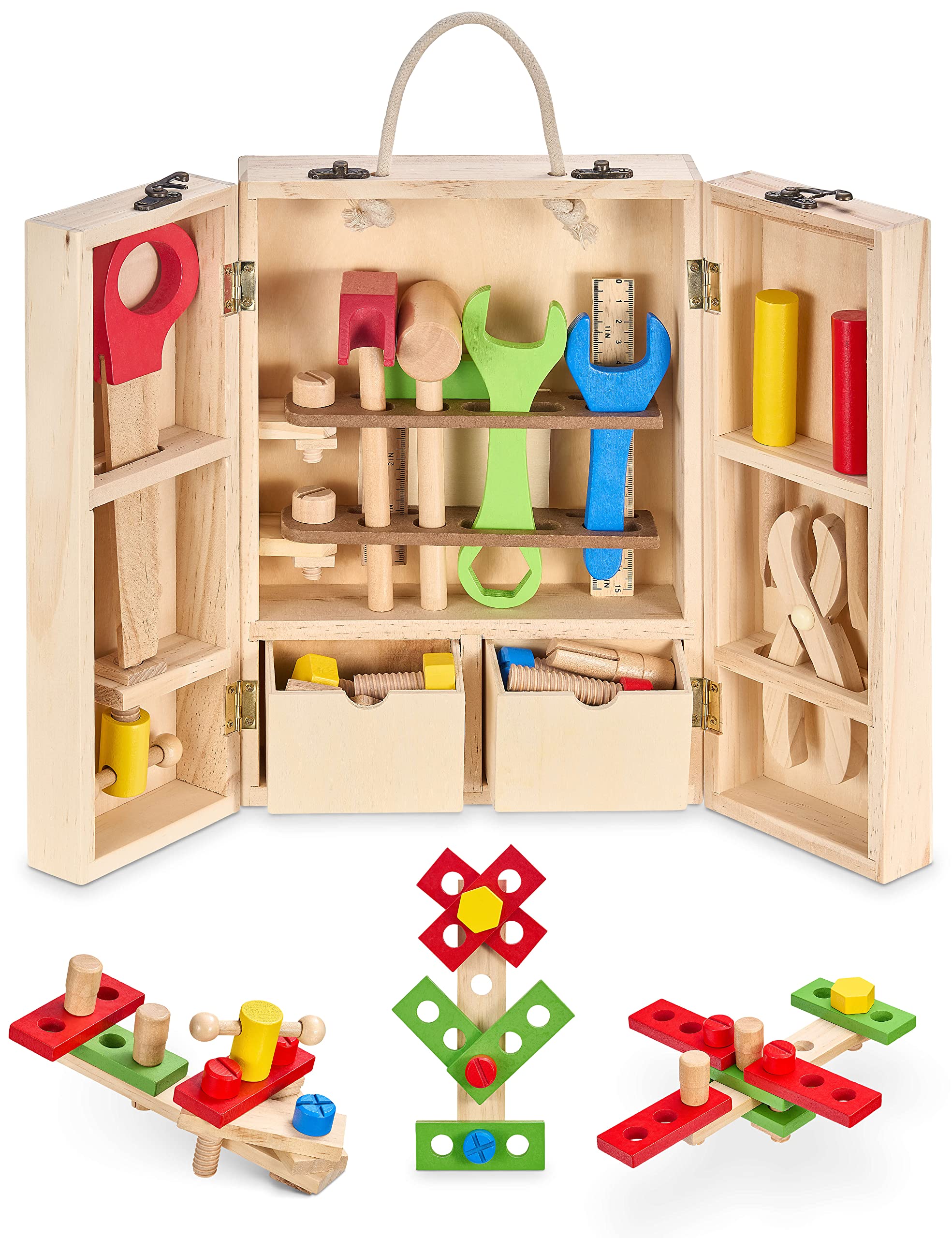 Balinco TOOL BOX CHILDREN, wooden toy hammer, saw, screwdriver, ruler, pliers, vice, workbench set, toys from 3 years old