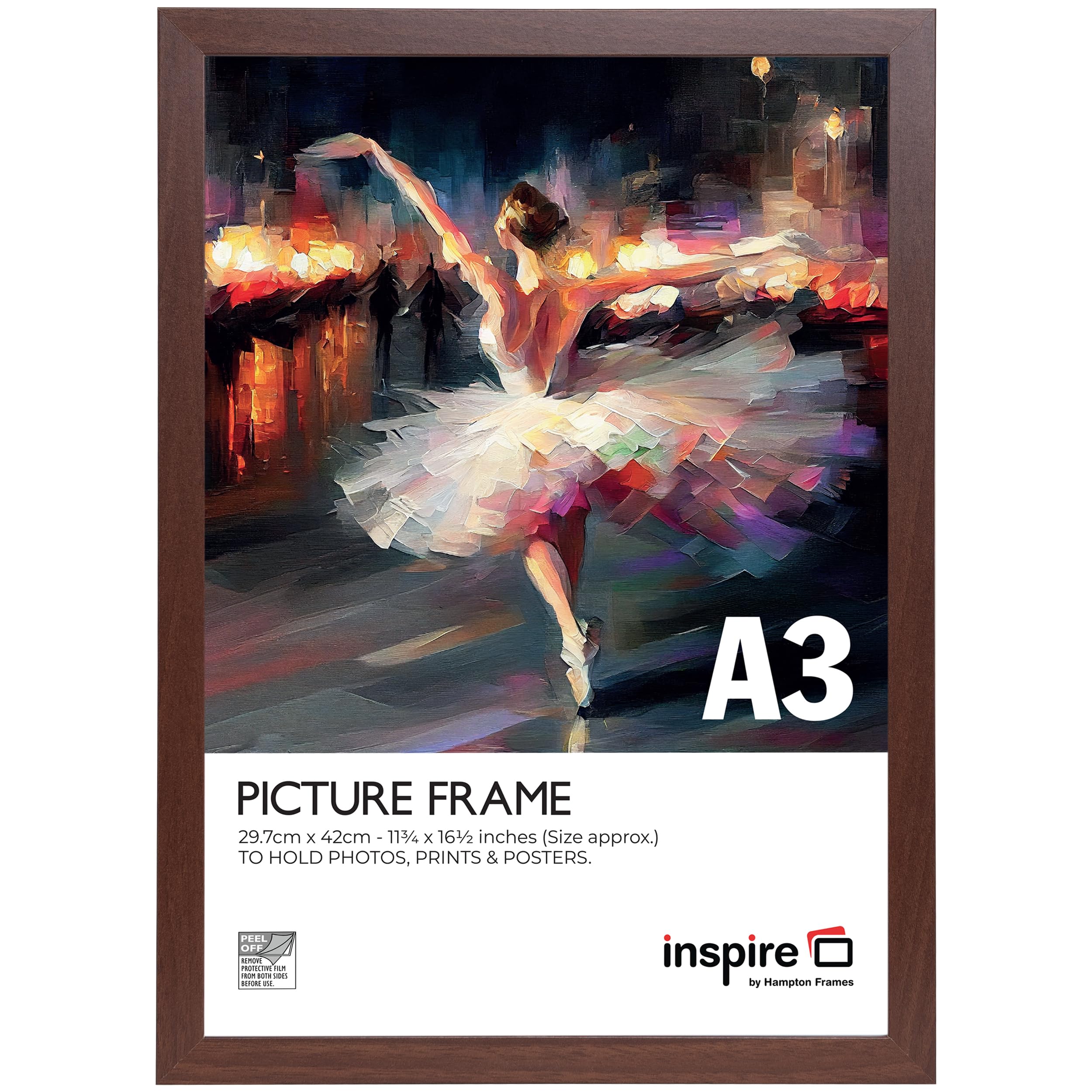 inspire by Hampton Frames | Poster Frame | A3 (29.7x42cm), Dark Wood, Acrylic Front, Rectangular | Wall Mount, Landscape or Portrait | Modern Display for Photos, Prints, Artwork