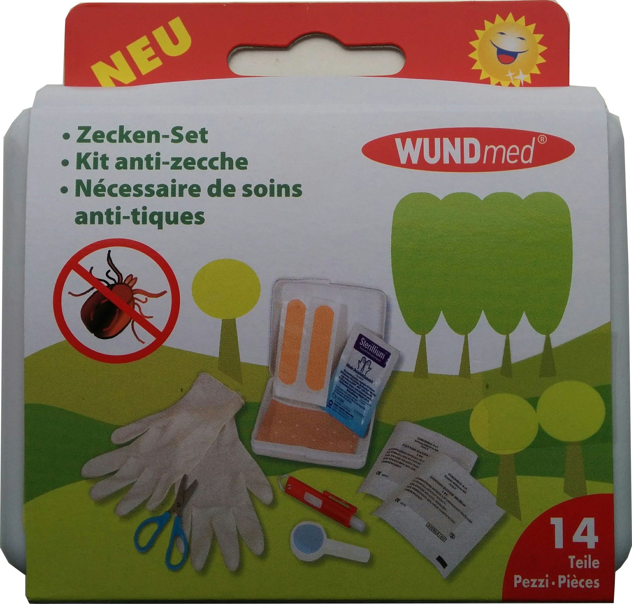 Wundmed 14Pcs Tick Set including Pliers, Gloves, Cloth, Dressings, Plaster Strips, Magnifying Glass, Scissors